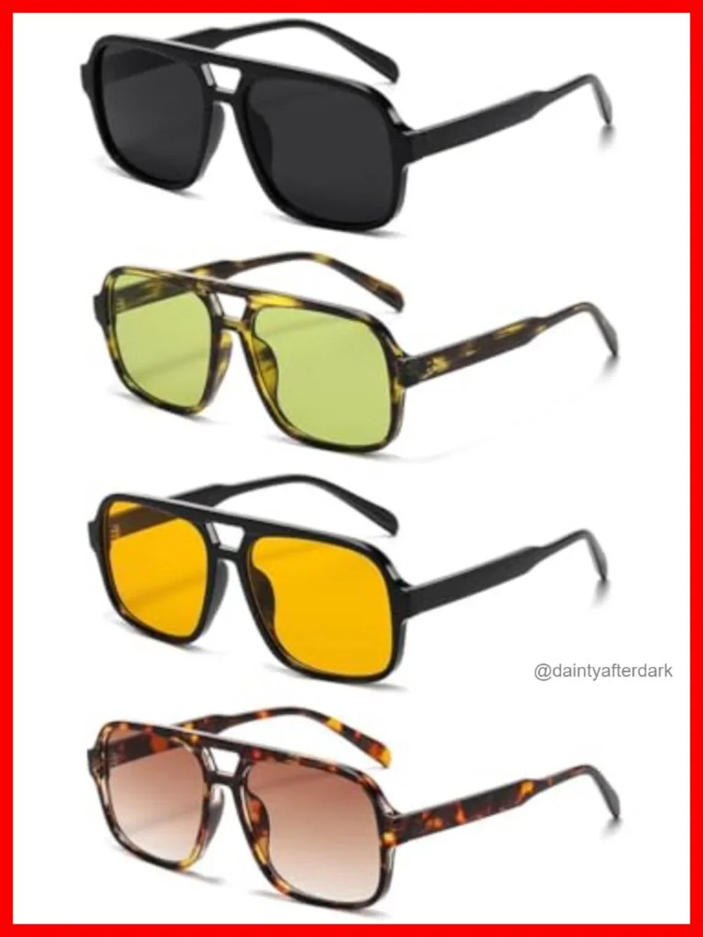 4 Pairs Retro Square Aviator Sunglasses Oversized Vintage Shades